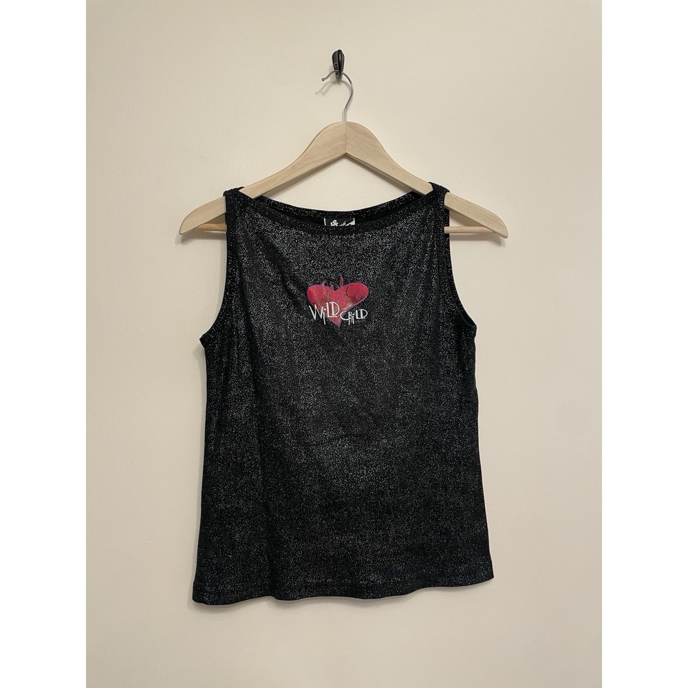 Vintage Y2K 90s Wild Child Tank Top Women Large Black Shimmer Loose Change Heart
